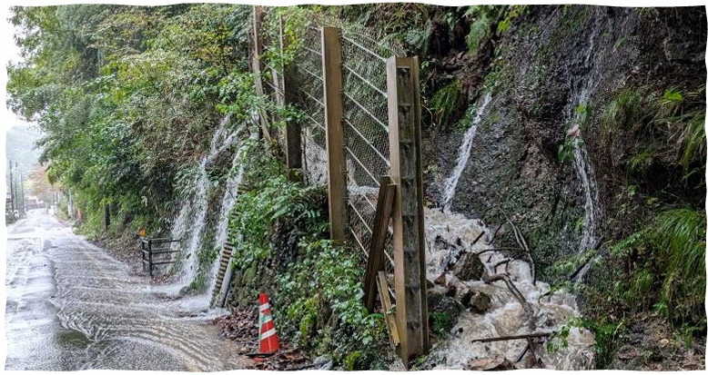 市道大森線観世音寺横　改善前：総雨量１０２．５ミリの日の現場